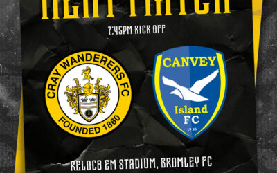 Cray Wanderers Fixtures update – Cray Wanderers vs Canvey Island – Wednesday 21st February, 7.45 pm & Whitehawk (A), Tuesday 27th February, 7.45 pm