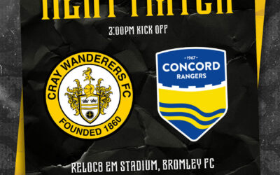 Cray Wanderers Fixtures Update – Cray Wanderers vs Concord Rangers – Rearranged Date – Sunday 11th February, 3 pm – Folkestone Invicta (A), Tuesday 6th February, 7.45 pm