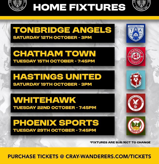 Cray Wanderers – October Home Fixtures including vs Phoenix Sports, Kent Senior Cup, Tuesday 29th October, 7.45 pm
