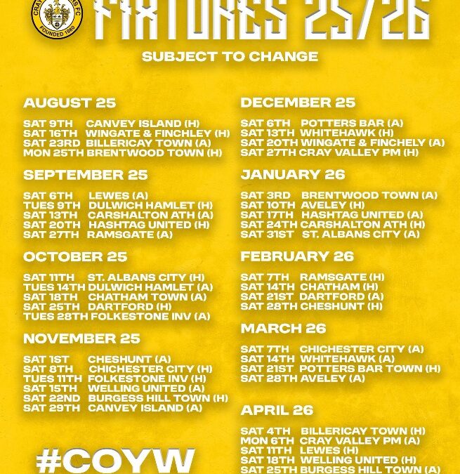 Isthmian Premier League 2025-26 Fixtures released – Cray Wanderers begin at home to Canvey Island, Saturday 9th August.